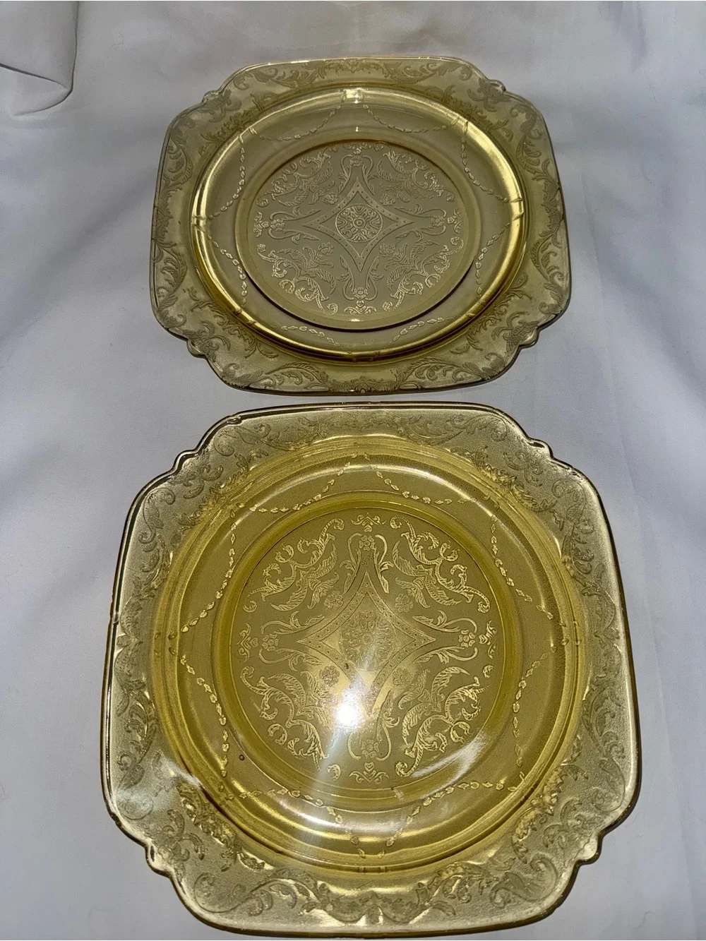 Vintage Amber Depression Glass Dinner Plates Set of 2 Square Scroll